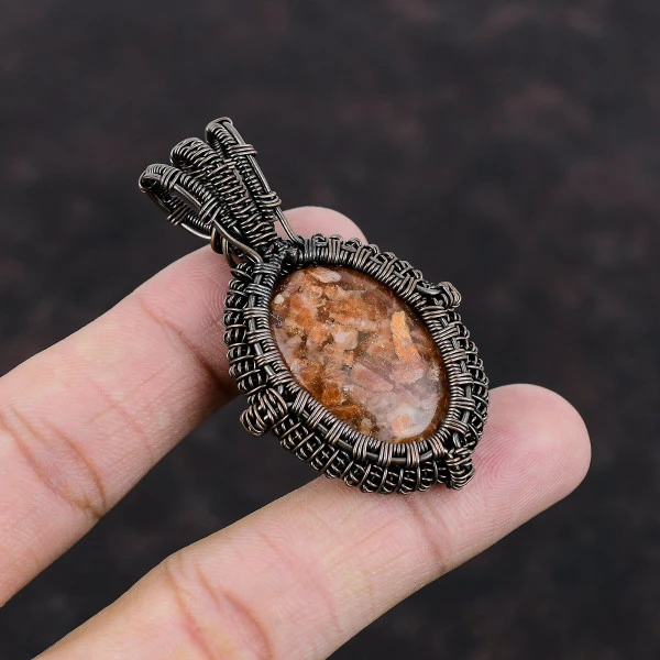 Sunstone Oval Orange Handmade Copper Wire Wrapped Pendant
