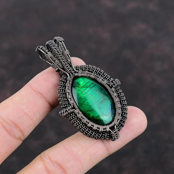 Green Fire Labradorite Oval Green Handmade Copper Wire Wrapped Pendant