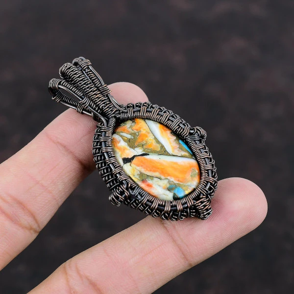 Spiny Oyster Copper Turquoise Oval Orange Handmade Copper Wire Wrapped Pendant