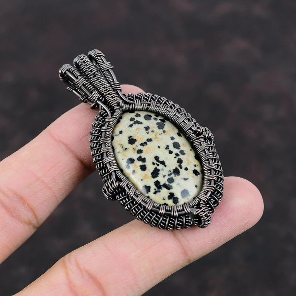 Dalmatian Jasper Oval Black Handmade Copper Wire Wrapped Pendant