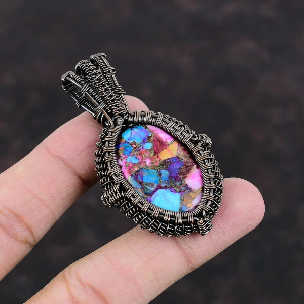 Natural Kingman Pink Dahlia Turquoise Oval Blue Handmade Copper Wire Wrapped Pendant