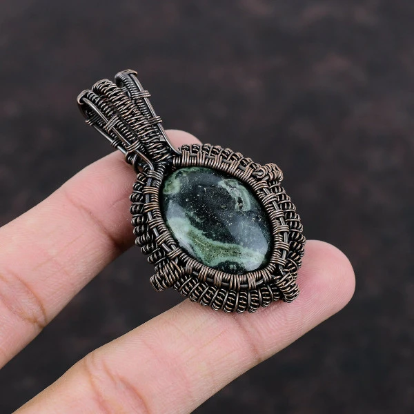 Kambaba Jasper Oval Green Handmade Copper Wire Wrapped Pendant