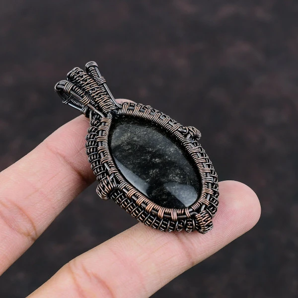 Silver Sheen Obsidian Oval Black Handmade Copper Wire Wrapped Pendant