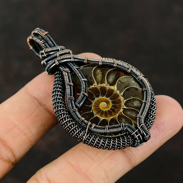 Ammonite Fossil Pear Brown Handmade Copper Wire Wrapped Pendant