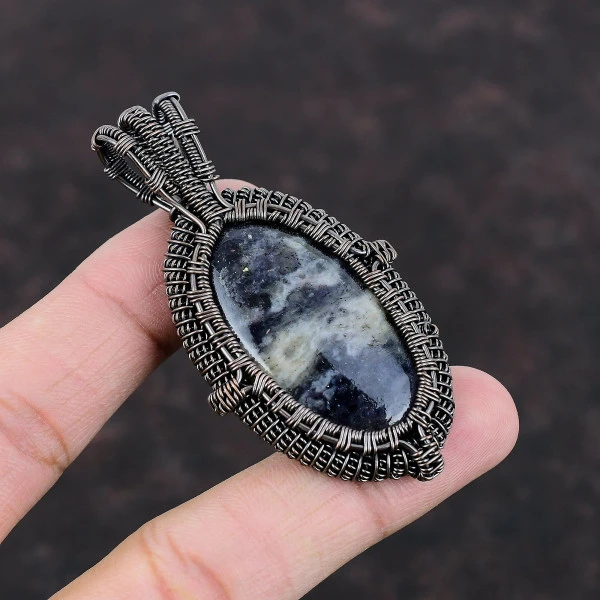 Iolite Sunstone Oval Blue Handmade Copper Wire Wrapped Pendant