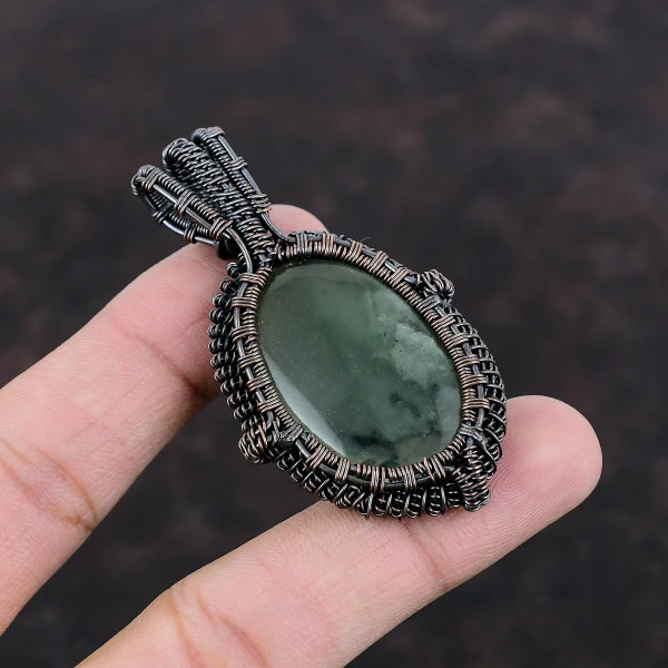 Prehnite Oval Green Handmade Copper Wire Wrapped Pendant