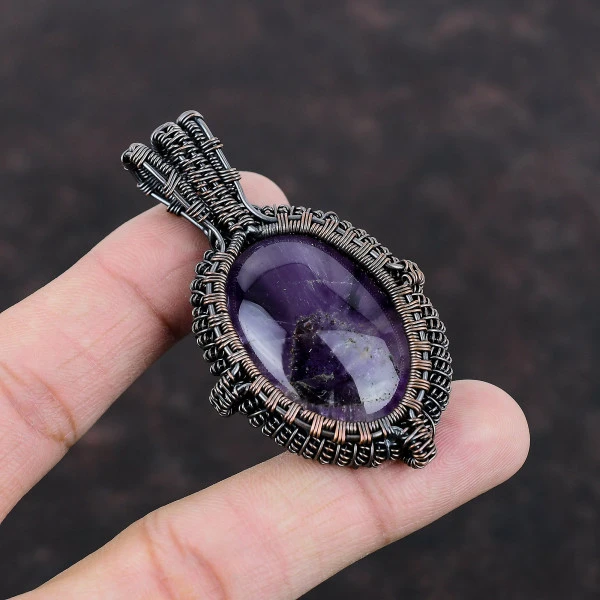 Star Amethyst Oval Purple Handmade Copper Wire Wrapped Pendant
