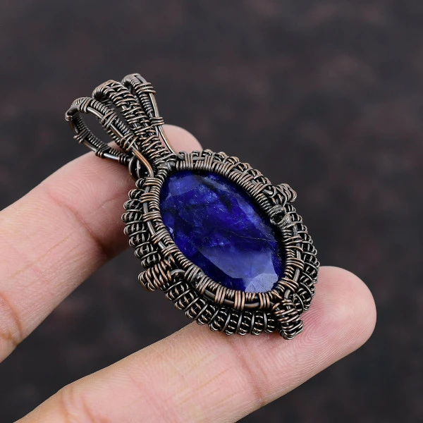 Blue Sapphire Oval Blue Handmade Copper Wire Wrapped Pendant