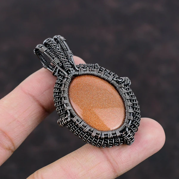 Sun Sitara Oval Orange Handmade Copper Wire Wrapped Pendant