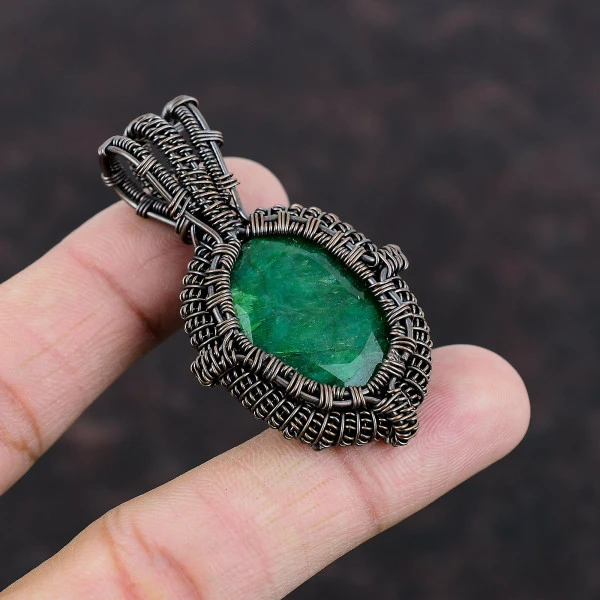 Zambian Emerald Oval Green Handmade Copper Wire Wrapped Pendant