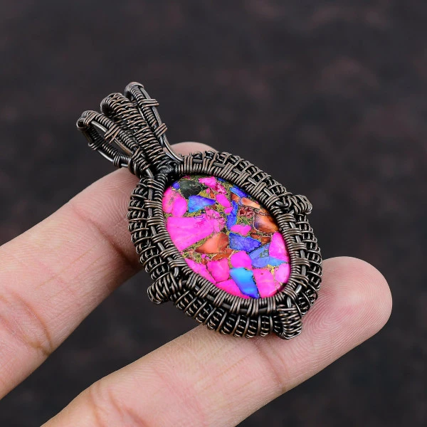 Natural Kingman Pink Dahlia Turquoise Oval Pink Handmade Copper Wire Wrapped Pendant