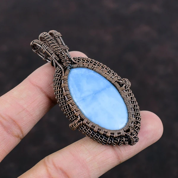 Owyhee Blue Opal Oval Blue Handmade Copper Wire Wrapped Pendant