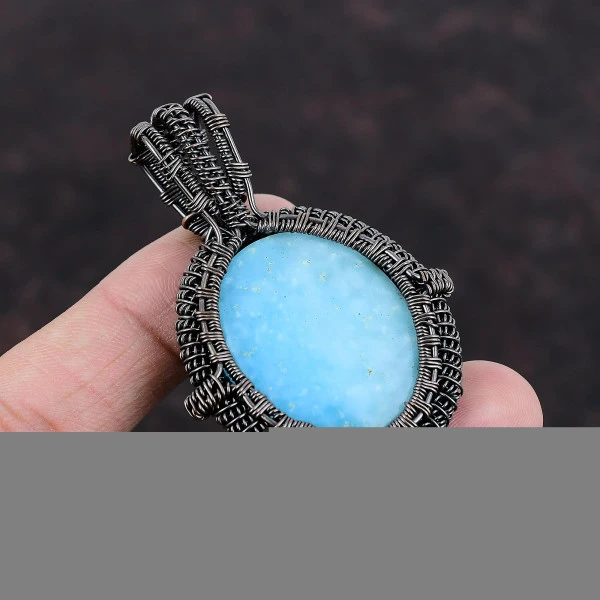 Hemimorphite Oval Blue Handmade Copper Wire Wrapped Pendant