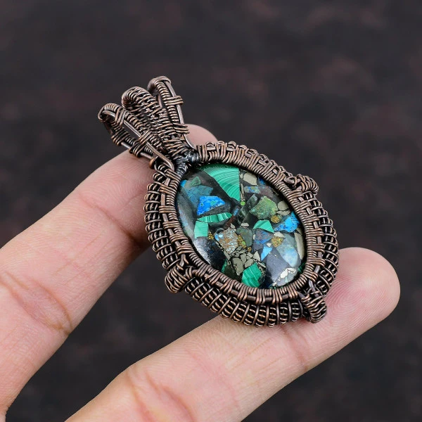 Copper Azurite Malachite Oval Green Handmade Copper Wire Wrapped Pendant