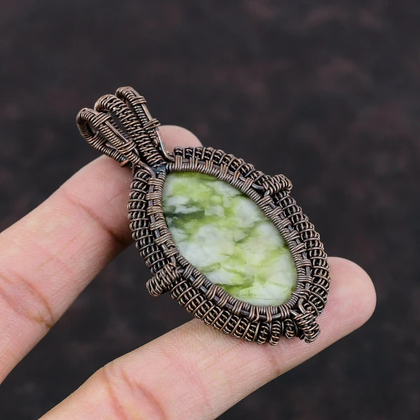 Green Aragonite Oval Green Handmade Copper Wire Wrapped Pendant