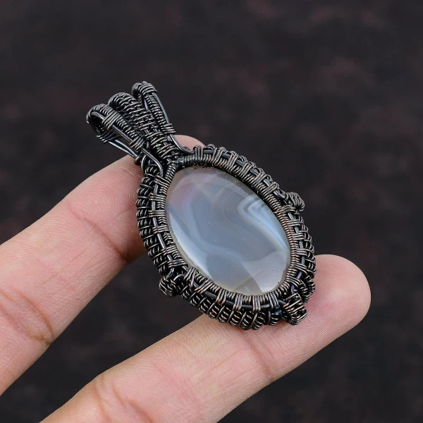Mexican Laguna Lace Agate Oval White Handmade Copper Wire Wrapped Pendant