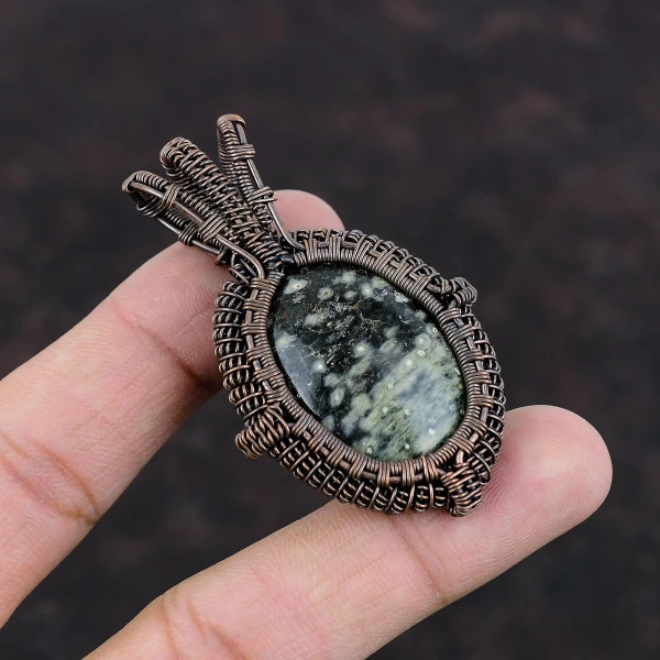 Ocean Jasper Oval Green Handmade Copper Wire Wrapped Pendant