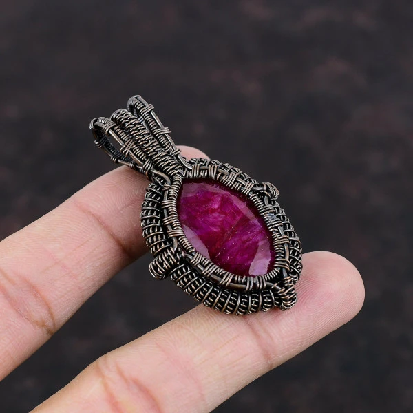Kashmir Ruby Oval Red Handmade Copper Wire Wrapped Pendant