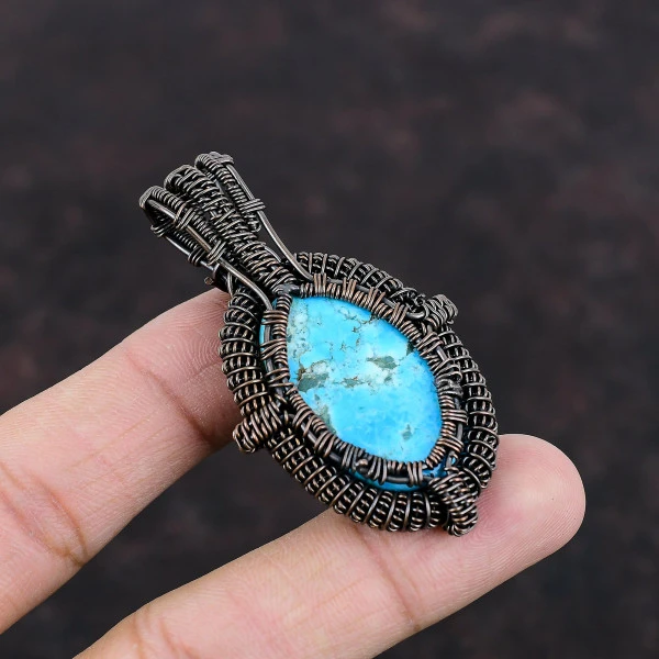 Tibetan Turquoise Oval Blue Handmade Copper Wire Wrapped Pendant