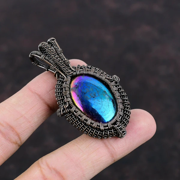 Mystic Fire Labradorite Oval Green Handmade Copper Wire Wrapped Pendant