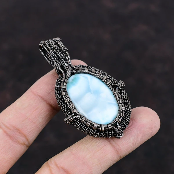 Larimar Oval Blue Handmade Copper Wire Wrapped Pendant