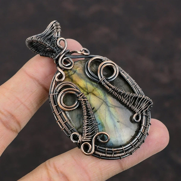 Labradorite Oval Gray Handmade Copper Wire Wrapped Pendant