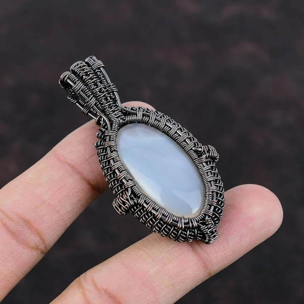 Botswana Agate Oval White Handmade Copper Wire Wrapped Pendant