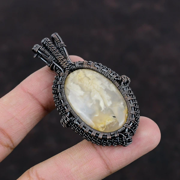 Plume Agate Oval Yellow Handmade Copper Wire Wrapped Pendant