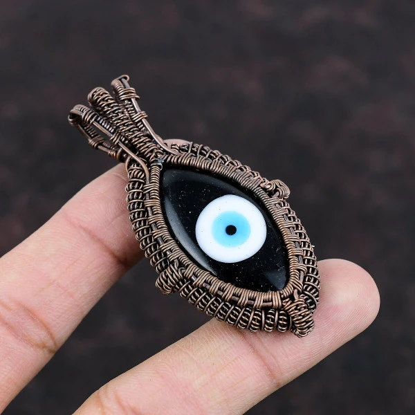 Black Color Evil Eye Marquise Black Handmade Copper Wire Wrapped Pendant