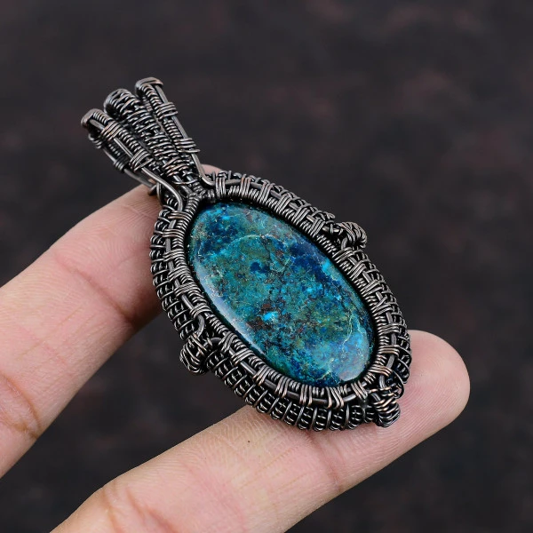 African Chrysocolla Oval Green Handmade Copper Wire Wrapped Pendant