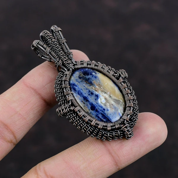 Sodalite Oval Blue Handmade Copper Wire Wrapped Pendant