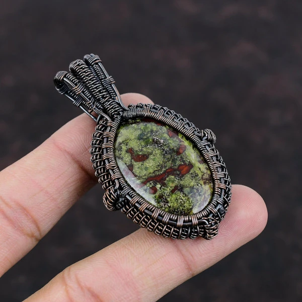 Dragon Bloodstone Oval Green Handmade Copper Wire Wrapped Pendant