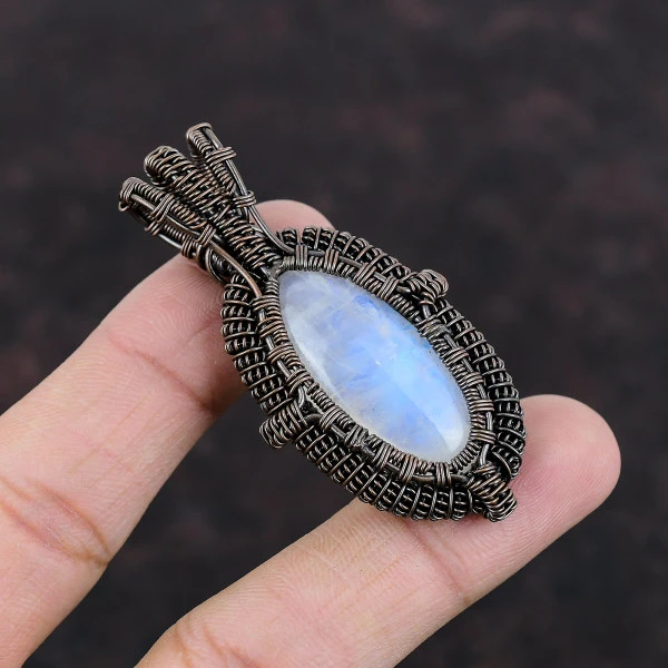 Rainbow Moonstone Oval White Handmade Copper Wire Wrapped Pendant