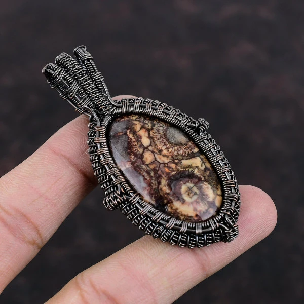 Birds Eye Jasper Oval Brown Handmade Copper Wire Wrapped Pendant