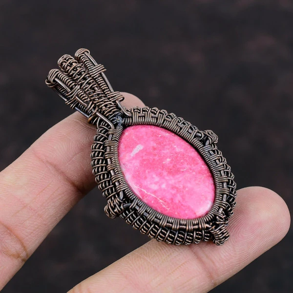 Thulite Oval Pink Handmade Copper Wire Wrapped Pendant
