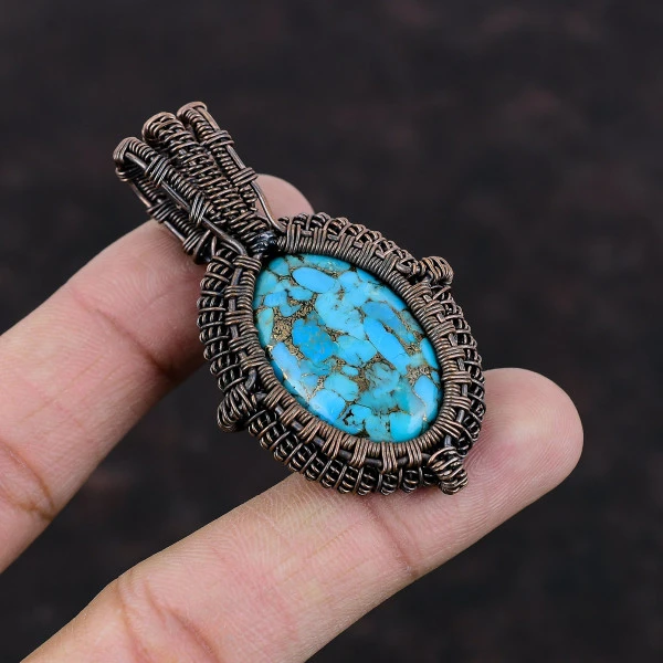 Copper Blue Turquoise Oval Blue Handmade Copper Wire Wrapped Pendant