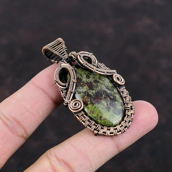 Dragon Bloodstone Oval Green Handmade Copper Wire Wrapped Pendant
