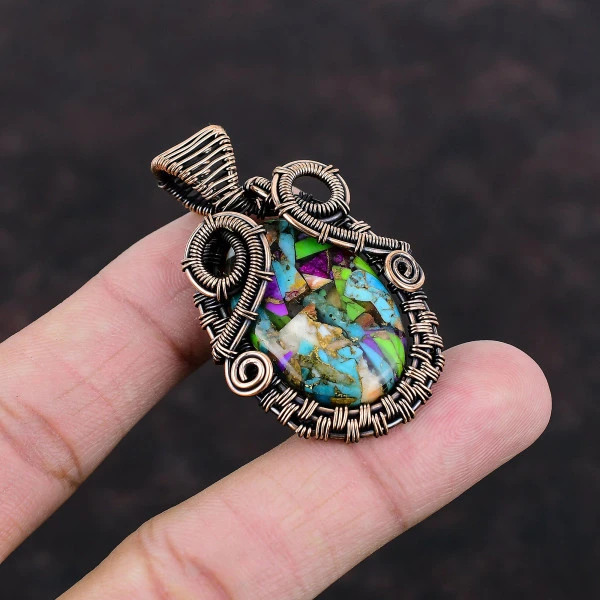 Fiesta Kingman Turquoise Oval Blue Handmade Copper Wire Wrapped Pendant