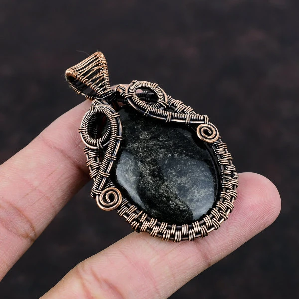 Silver Sheen Obsidian Oval Black Handmade Copper Wire Wrapped Pendant