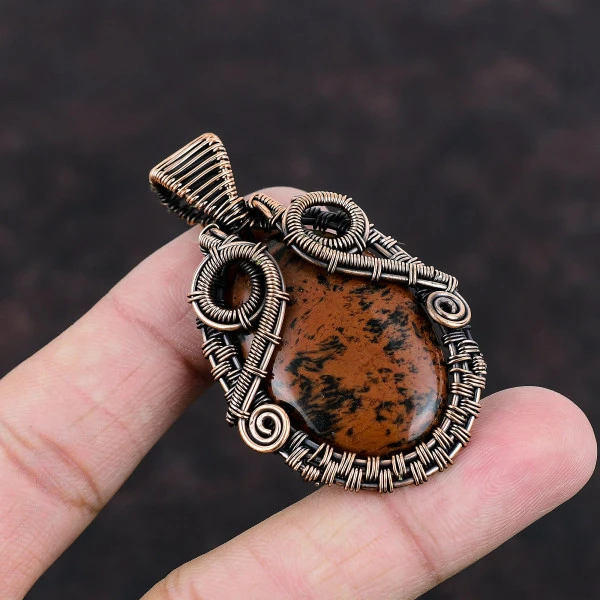 Mahogany Obsidian Oval Brown Handmade Copper Wire Wrapped Pendant