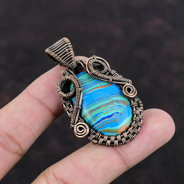 Rainbow Calsilica Oval Blue Handmade Copper Wire Wrapped Pendant