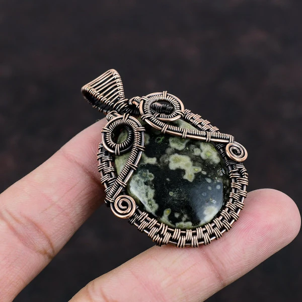 Ocean Jasper Oval Green Handmade Copper Wire Wrapped Pendant