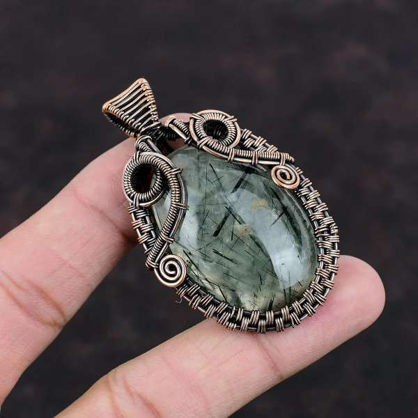 Moss Prehnite Oval Green Handmade Copper Wire Wrapped Pendant