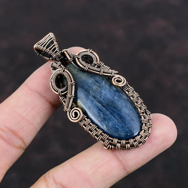 Kyanite Oval Blue Handmade Copper Wire Wrapped Pendant