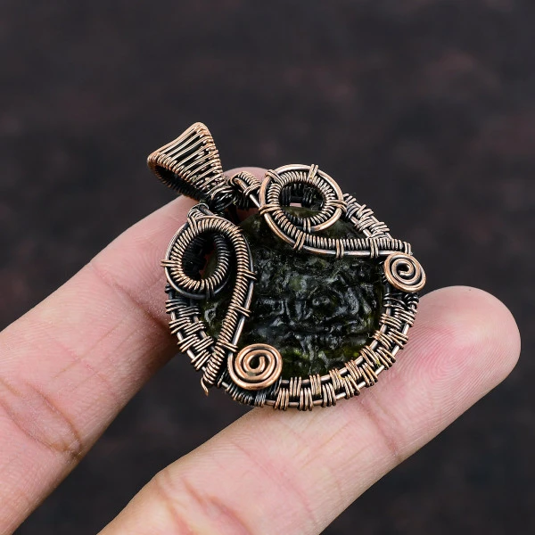 Moldavite Round Green Handmade Copper Wire Wrapped Pendant