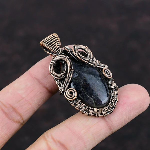 Iolite Sunstone Oval Blue Handmade Copper Wire Wrapped Pendant