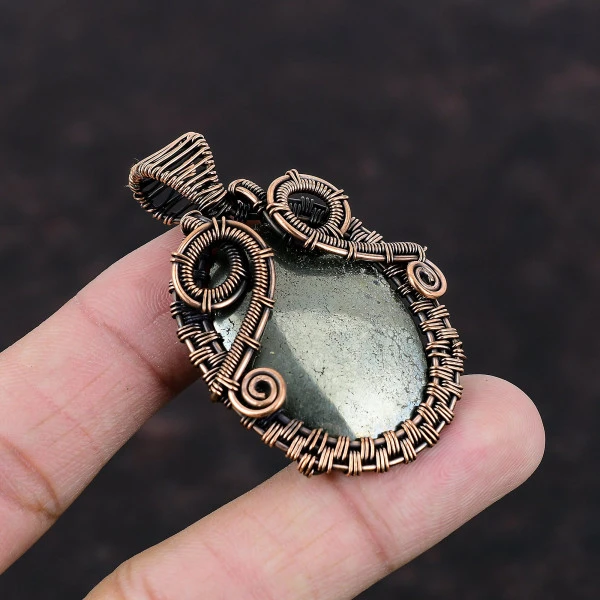 Apache Pyrite Oval Gold Handmade Copper Wire Wrapped Pendant