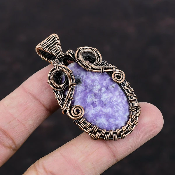 Lepidolite Oval Purple Handmade Copper Wire Wrapped Pendant