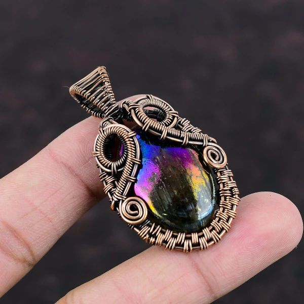 Mystic Fire Labradorite Oval Pink Handmade Copper Wire Wrapped Pendant