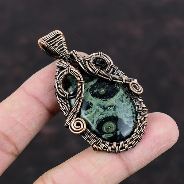 Kambaba Jasper Oval Green Handmade Copper Wire Wrapped Pendant